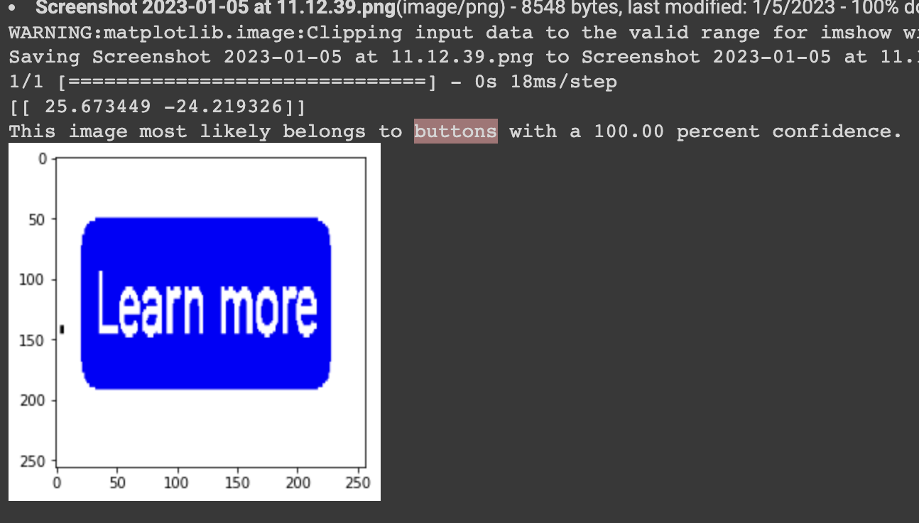 The output of the ML model showing the image of something that looks like a button being detected as a button 