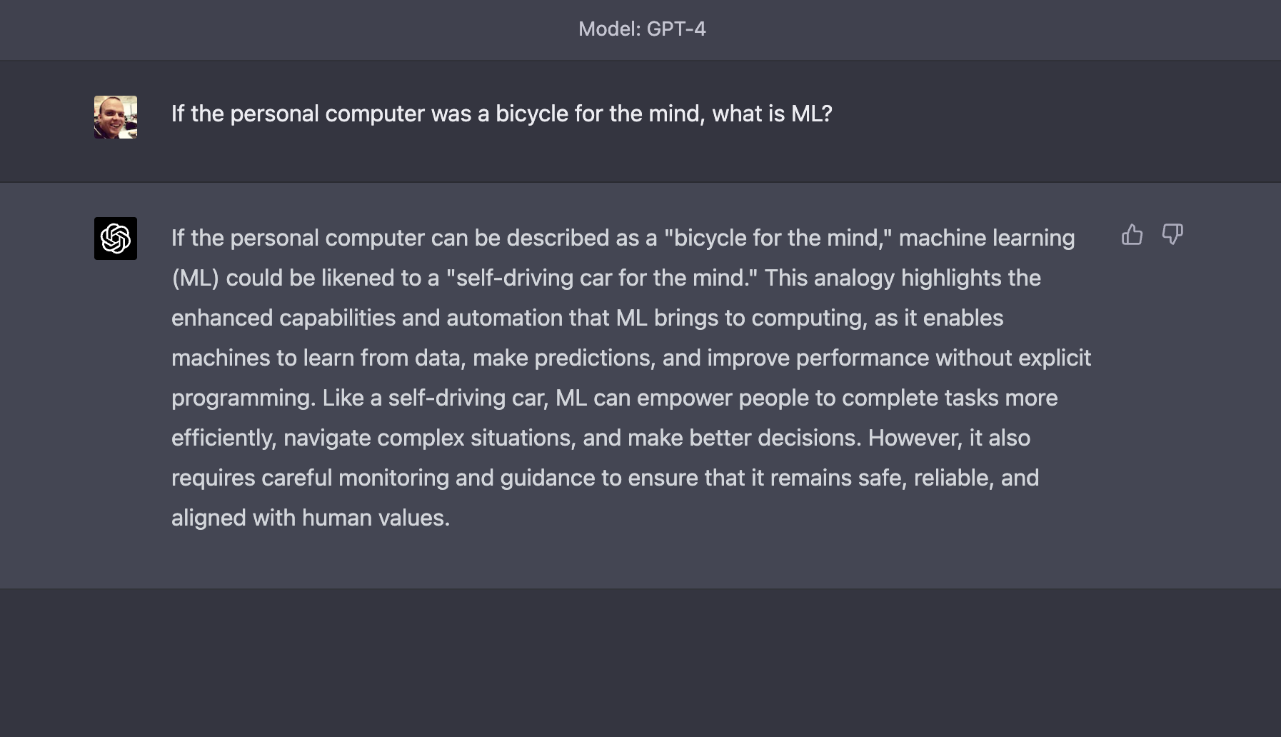 A description of what Chat GPT thinks ML is if a computer is a bicycle for the mind. A self-driving car.