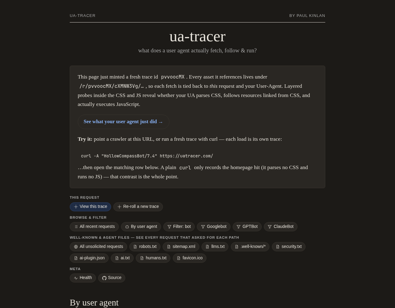 ua-tracer homepage showing a freshly minted trace